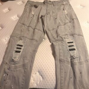 Distressed Gray Jeans with Paint Splatter